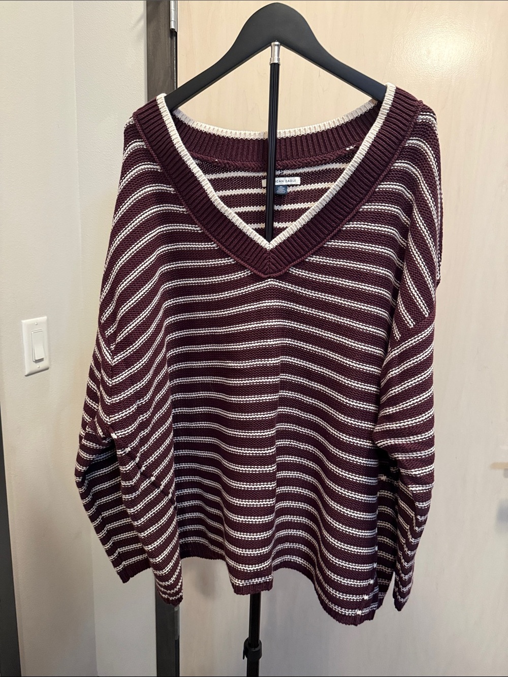 American Eagle Outfitters Burgundy and White Striped V-Neck Sweater